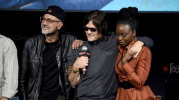 NEW YORK, NEW YORK - OCTOBER 05: (L-R) Jeffrey Dean Morgan, Norman Reedus, and Danai Gurira speak onstage during a panel for AMC's The Walking Dead Universe including AMC's flagship series and the untitled new third series within The Walking Dead franchise at Hulu Theater at Madison Square Garden on October 05, 2019 in New York City. (Photo by Jamie McCarthy/Getty Images for AMC)