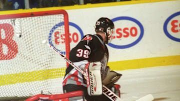 TORONTO, ON - NOVEMBER 21: Dominik Hasek #39 of the Buffalo Sabres skates against the Toronto Maple Leafs during NHL game action on November 21, 1998 at Maple Leaf Gardens in Toronto, Ontario, Canada. (Photo by Graig Abel/Getty Images)