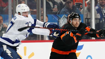 PHILADELPHIA, PA - JANUARY 11: Travis Konecny #11 of the Philadelphia Flyers and Victor Hedman #77 of the Tampa Bay Lightning battle for position on January 11, 2020 at the Wells Fargo Center in Philadelphia, Pennsylvania. (Photo by Len Redkoles/NHLI via Getty Images)