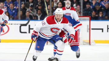 NEW YORK, NY - MARCH 01: Jonathan Drouin #92 of the Montreal Canadiens skates with the puck against the New York Rangers at Madison Square Garden on March 1, 2019 in New York City. The Montreal Canadiens won 4-2. (Photo by Jared Silber/NHLI via Getty Images)