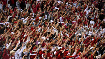NORMAN, OK - SEPTEMBER 22: The Oklahoma Sooners fans cheer against the Army West Point Black Knights at Gaylord Family-Oklahoma Memorial Stadium on September 22, 2018 in Norman, Oklahoma. (Photo by Jamie Schwaberow/Getty Images)