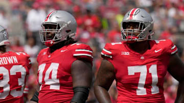 Sept. 9, 2023; Columbus, Oh., USA; Ohio State Buckeyes offensive lineman Donovan Jackson (74) and Ohio State Buckeyes offensive lineman Josh Simmons (71) play during the first half of Saturday's NCAA Division I football game at Ohio Stadium.