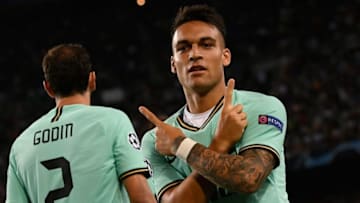 Inter Milan's Argentine forward Lautaro Martinez celebrates after scoring a goal during the UEFA Champions League Group F football match between Barcelona and Inter Milan at the Camp Nou stadium in Barcelona, on October 2, 2019. (Photo by LLUIS GENE / AFP) (Photo by LLUIS GENE/AFP via Getty Images)