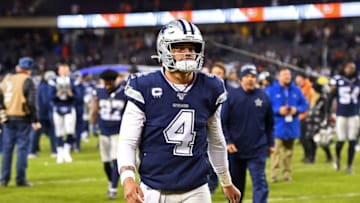 CHICAGO, ILLINOIS - DECEMBER 05: Dak Prescott #4 of the Dallas Cowboys leaves the field following a game against the Chicago Bears at Soldier Field on December 05, 2019 in Chicago, Illinois. (Photo by Stacy Revere/Getty Images)