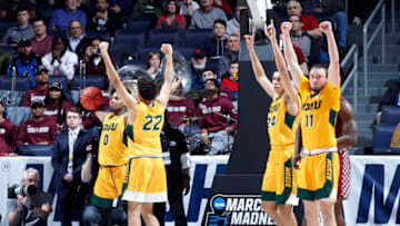 DAYTON, OHIO - MARCH 20: The North Dakota State Bison celebrate defeating the North Carolina Central Eagles 78-74 in the First Four of the 2019 NCAA Men's Basketball Tournament at UD Arena on March 20, 2019 in Dayton, Ohio. (Photo by Joe Robbins/Getty Images)