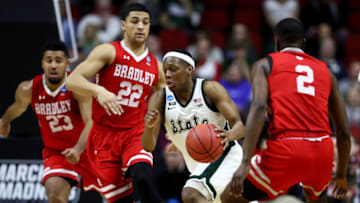 DES MOINES, IOWA - MARCH 21: Cassius Winston #5 of the Michigan State Spartans drives with the ball against the Bradley Braves during their game in the First Round of the NCAA Basketball Tournament at Wells Fargo Arena on March 21, 2019 in Des Moines, Iowa. (Photo by Jamie Squire/Getty Images)