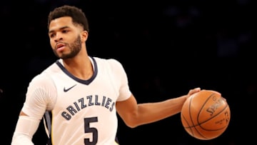 NEW YORK, NY - MARCH 19: Andrew Harrison #5 of the Memphis Grizzlies looks down the court in the first quarter against the Brooklyn Nets during their game at Barclays Center on March 19, 2018 in the Brooklyn borough of New York City. NOTE TO USER: User expressly acknowledges and agrees that, by downloading and or using this photograph, User is consenting to the terms and conditions of the Getty Images License Agreement. (Photo by Abbie Parr/Getty Images)
