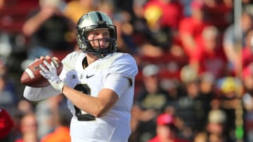 PISCATAWAY, NJ - OCTOBER 21: Quarterback Elijah Sindelar #2 of Purdue Boilermakers attempts a pass against the Rutgers Scarlet Knights during a game at Rutgers on October 21, 2017 in Piscataway, New Jersey. (Photo by Rich Schultz/Getty Images)