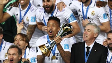 RABAT, MOROCCO - FEBRUARY 11: Eder Militao of Real Madrid celebrates with the trophy during the FIFA Club World Cup Morocco 2022 Final match between Real Madrid and Al Hilal at Prince Moulay Abdellah on February 11, 2023 in Rabat, Morocco. (Photo by James Williamson - AMA/Getty Images)