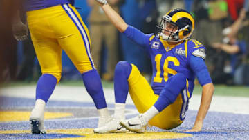 ATLANTA, GA - FEBRUARY 03: Jared Goff #16 of the Los Angeles Rams receives help form a teammate after falling down in the endzone in the second half during Super Bowl LIII at Mercedes-Benz Stadium on February 3, 2019 in Atlanta, Georgia. (Photo by Kevin C. Cox/Getty Images)