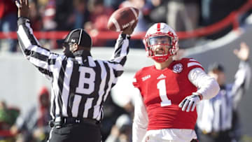 Nov 19, 2016; Lincoln, NE, USA; Nebraska Cornhuskers wide receiver Jordan Westerkamp (1) celebrates after scoring a touchdown against Maryland Terrapins in the first half at Memorial Stadium. Mandatory Credit: Bruce Thorson-USA TODAY Sports