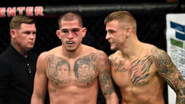 NORFOLK, VA - NOVEMBER 11: (L-R) Anthony Pettis and Dustin Poirier interact after round one in their lightweight bout during the UFC Fight Night event inside the Ted Constant Convention Center on November 11, 2017 in Norfolk, Virginia. (Photo by Brandon Magnus/Zuffa LLC/Zuffa LLC via Getty Images)