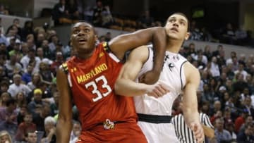 Mar 12, 2016; Indianapolis, IN, USA; Maryland Terrapins center Diamond Stone (33) blocks out Michigan State Spartans forward Gavin Schilling (34) during the Big Ten Conference tournament at Bankers Life Fieldhouse. Mandatory Credit: Brian Spurlock-USA TODAY Sports