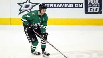 Dec 17, 2016; Dallas, TX, USA; Dallas Stars left wing Jamie Benn (14) skates the puck up ice in the second period against the Philadelphia Flyers at American Airlines Center. Mandatory Credit: Tim Heitman-USA TODAY Sports