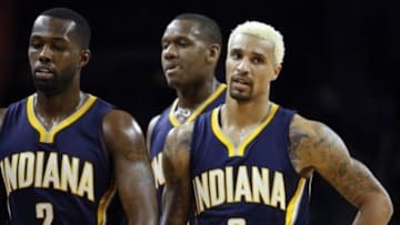 Dec 12, 2015; Auburn Hills, MI, USA; Indiana Pacers guard George Hill (3) reacts during the fourth quarter against the Detroit Pistons at The Palace of Auburn Hills. Pistons win 118-96. Mandatory Credit: Raj Mehta-USA TODAY Sports