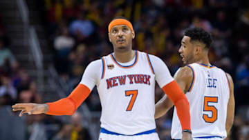 CLEVELAND, OH - FEBRUARY 23: Carmelo Anthony #7 of the New York Knicks and Courtney Lee #5 pause on the court during the second half against the Cleveland Cavaliers at Quicken Loans Arena on February 23, 2017 in Cleveland, Ohio. The Cavaliers defeated the Knicks 119-104. NOTE TO USER: User expressly acknowledges and agrees that, by downloading and/or using this photograph, user is consenting to the terms and conditions of the Getty Images License Agreement. (Photo by Jason Miller/Getty Images)