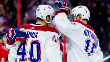 OTTAWA, ON - OCTOBER 20: Montreal Canadiens Right Wing Joel Armia (40) and Montreal Canadiens Center Jesperi Kotkaniemi (15) celebrate a goal during first period National Hockey League action between the Montreal Canadiens and Ottawa Senators on October 20, 2018, at Canadian Tire Centre in Ottawa, ON, Canada. (Photo by Richard A. Whittaker/Icon Sportswire via Getty Images)