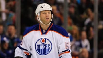 Jan 20, 2013; Vancouver, British Columbia, CANADA; Edmonton Oilers left wing Ben Eager (55) during the second period against the Vancouver Canucks at Rogers Arena. The Edmonton Oilers won 3-2 in a shootout. Mandatory Credit: Anne-Marie Sorvin-USA TODAY Sports