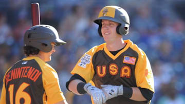 Jul 10, 2016; San Diego, CA, USA; USA batter Chance Sisco (right) celebrates with teammates including Andrew Benintendi after hitting a solo home run in the fourth inning during the All Star Game futures baseball game at PetCo Park. Mandatory Credit: Gary A. Vasquez-USA TODAY Sports