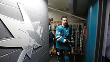 SAN JOSE, CA - MAY 19: Erik Karlsson #65 of the San Jose Sharks takes the ice for warmups against the St. Louis Blues in Game Five of the Western Conference Final during the 2019 NHL Stanley Cup Playoffs at SAP Center on May 19, 2019 in San Jose, California (Photo by Kavin Mistry/NHLI via Getty Images)
