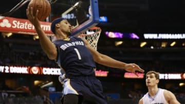 Oct 23, 2015; Orlando, FL, USA; Memphis Grizzlies forward Jarnell Stokes (1) saves the ball against the Orlando Magic during the first quarter at Amway Center. Mandatory Credit: Kim Klement-USA TODAY Sports