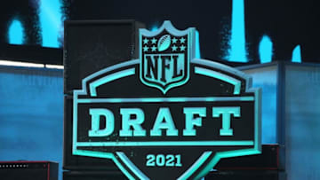 Apr 29, 2021; Cleveland, Ohio, USA; A general overall view of the 2021 NFL Shield Draft logo at First Energy Stadium. Mandatory Credit: Kirby Lee-USA TODAY Sports