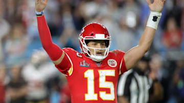 MIAMI, FLORIDA - FEBRUARY 02: Patrick Mahomes #15 of the Kansas City Chiefs celebrates after throwing a touchdown pass against the San Francisco 49ers during the fourth quarter in Super Bowl LIV at Hard Rock Stadium on February 02, 2020 in Miami, Florida. (Photo by Rob Carr/Getty Images)