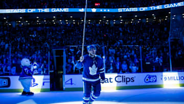 TORONTO, ON - APRIL 15: Andreas Johnsson #18 of the Toronto Maple Leafs salutes the crowd after receiving a star of the game after defeating the Boston Bruins in Game Three of the Eastern Conference First Round during the 2019 NHL Stanley Cup Playoffs at the Scotiabank Arena on April 15, 2019 in Toronto, Ontario, Canada. (Photo by Mark Blinch/NHLI via Getty Images)