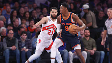 Jan 16, 2023; New York, New York, USA; New York Knicks guard RJ Barrett (9) dribbles against Toronto Raptors guard Fred VanVleet (23) during the first quarter at Madison Square Garden. Mandatory Credit: Vincent Carchietta-USA TODAY Sports