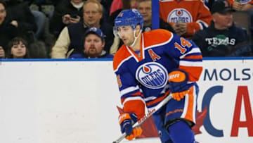 Jan 8, 2016; Edmonton, Alberta, CAN; Edmonton Oilers forward Jordan Eberle (14) looks to make a pass against the Tampa Bay Lightning at Rexall Place. Mandatory Credit: Perry Nelson-USA TODAY Sports