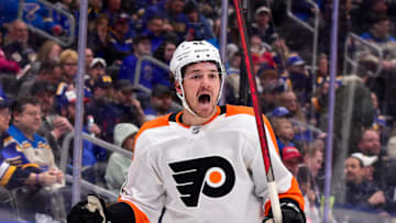 Mar 24, 2022; St. Louis, Missouri, USA; Philadelphia Flyers right wing Hayden Hodgson (42) reacts after scoring his first career NHL goal against the St. Louis Blues during the third period at Enterprise Center. Mandatory Credit: Jeff Curry-USA TODAY Sports
