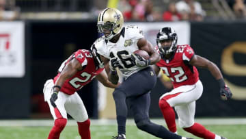 Sep 26, 2016; New Orleans, LA, USA; New Orleans Saints wide receiver Brandon Coleman (16) is tackled by Atlanta Falcons cornerback Robert Alford (23) after a catch in the second half at the Mercedes-Benz Superdome. Mandatory Credit: Chuck Cook-USA TODAY Sports