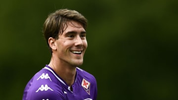 CAMPO SPORTIVO CARLO BENATTI, MOENA, TRENTO, ITALY - 2021/07/25: Dusan Vlahovic of ACF Fiorentina smiles during the pre-season friendly football match between ACF Fiorentina and Polisportiva C4 Foligno. ACF Fiorentina won 11-0 over Polisportiva C4 Foligno. (Photo by Nicolò Campo/LightRocket via Getty Images)