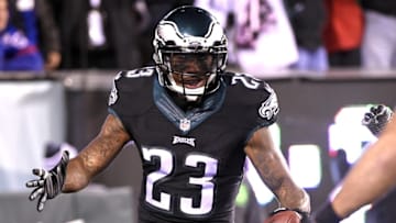 Oct 19, 2015; Philadelphia, PA, USA; Philadelphia Eagles cornerback Nolan Carroll (23) celebrates his 17-yard interception for a touchdown against the New York Giants during the second quarter at Lincoln Financial Field. Mandatory Credit: Eric Hartline-USA TODAY Sports