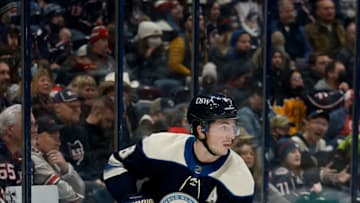 COLUMBUS, OH - JANUARY 23: Zach Werenski #8 of the Columbus Blue Jackets controls the puck during the game against the Ottawa Senators at Nationwide Arena on January 23, 2022 in Columbus, Ohio. Ottawa defeated Columbus 2-1. (Photo by Kirk Irwin/Getty Images)