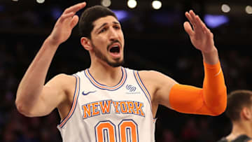 NEW YORK, NY - MARCH 13: Enes Kanter #00 of the New York Knicks reacts in the second quarter against the Dallas Mavericks during their game at Madison Square Garden on March 13, 2018 in New York City. NOTE TO USER: User expressly acknowledges and agrees that, by downloading and or using this photograph, User is consenting to the terms and conditions of the Getty Images License Agreement. (Photo by Abbie Parr/Getty Images)