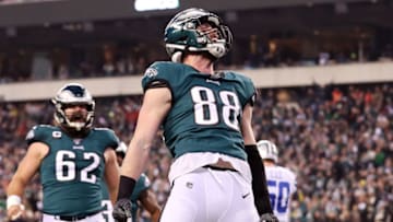 PHILADELPHIA, PENNSYLVANIA - DECEMBER 22: Dallas Goedert #88 of the Philadelphia Eagles celebrates after scoring a touchdown during the first quarter against the Dallas Cowboys in the game at Lincoln Financial Field on December 22, 2019 in Philadelphia, Pennsylvania. (Photo by Mitchell Leff/Getty Images)