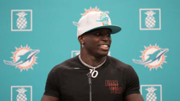 MIAMI GARDENS, FLORIDA - MARCH 24: Tyreek Hill speaks with the media after being introduced by the Miami Dolphins at Baptist Health Training Complex on March 24, 2022 in Miami Gardens, Florida. (Photo by Mark Brown/Getty Images)
