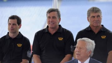 Jul 29, 2015; Foxboro, MA, USA; Boston Bruins general manager Don Sweeney and president Cam Neely and former Bruins defenseman Ray Bourque during a press conference for the Winter Classic hockey game at Gillette Stadium. Mandatory Credit: Bob DeChiara-USA TODAY Sports
