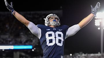 Nov 5, 2016; University Park, PA, USA; Penn State Nittany Lions tight end Mike Gesicki (88) reacts to a play against the Iowa Hawkeyes during the second quarter at Beaver Stadium. Penn State defeated Iowa 41-14. Mandatory Credit: Rich Barnes-USA TODAY Sports