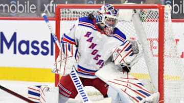 Feb 24, 2021; Philadelphia, Pennsylvania, USA; New York Rangers goaltender Igor Shesterkin (31) makes a save against the Philadelphia Flyers during the second period at Wells Fargo Center. Mandatory Credit: Eric Hartline-USA TODAY Sports