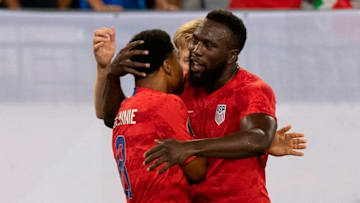 USA's midfielder Weston McKennie (L) celebrates after scoring a goal against Jamaica during their CONCACAF Gold Cup semi-final football match at Nissan Stadium in Nashville, Tennessee, on July 3, 2019. (Photo by Jim WATSON / AFP) (Photo credit should read JIM WATSON/AFP/Getty Images)