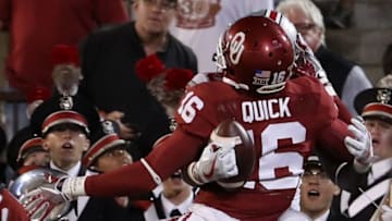 Sep 17, 2016; Norman, OK, USA; Ohio State Buckeyes wide receiver Noah Brown (80) makes a touchdown catch against Oklahoma Sooners defensive back Michiah Quick (16) during the first half at Gaylord Family - Oklahoma Memorial Stadium. Mandatory Credit: Kevin Jairaj-USA TODAY Sports