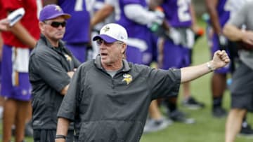 Jul 27, 2015; Mankato, MN, USA; Minnesota Vikings offensive coordinator Norv Turner talks with his players in drills at training camp at Minnesota State University. Mandatory Credit: Bruce Kluckhohn-USA TODAY Sports