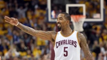 May 4, 2016; Cleveland, OH, USA; Cleveland Cavaliers guard J.R. Smith (5) celebrates a three-pointer with Cleveland Cavaliers forward Richard Jefferson (not pictured) during the second quarter in game two of the second round of the NBA Playoffs at Quicken Loans Arena. Mandatory Credit: Ken Blaze-USA TODAY Sports