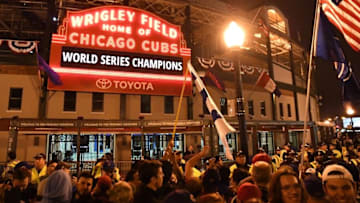 Nov 2, 2016; Chicago, IL, USA; Chicago Cubs fans celebrate after game seven of the 2016 World Series against the Cleveland Indians outside of Wrigley Field. Cubs won 8-7. Mandatory Credit: Patrick Gorski-USA TODAY Sports