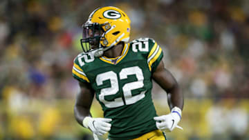 GREEN BAY, WISCONSIN - AUGUST 08: Dexter Williams #22 of the Green Bay Packers lines up for a play in the third quarter against the Houston Texans during a preseason game at Lambeau Field on August 08, 2019 in Green Bay, Wisconsin. (Photo by Dylan Buell/Getty Images)