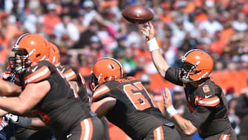 Oct 9, 2016; Cleveland, OH, USA; Cleveland Browns quarterback Cody Kessler (6) throws a pass against the New England Patriots during the first quarter at FirstEnergy Stadium. Mandatory Credit: Ken Blaze-USA TODAY Sports