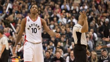 Jan 1, 2016; Toronto, Ontario, CAN; Toronto Raptors guard DeMar DeRozan (10) reacts to a call by the official during the third quarter in a game against the Charlotte Hornets at Air Canada Centre. The Toronto Raptors won 104-94. Mandatory Credit: Nick Turchiaro-USA TODAY Sports