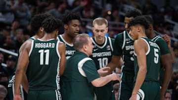 Mar 12, 2022; Indianapolis, IN, USA; Michigan State Spartans head coach Tom Izzo talks to his team in the second half against the Purdue Boilermakers at Gainbridge Fieldhouse. Mandatory Credit: Trevor Ruszkowski-USA TODAY Sports